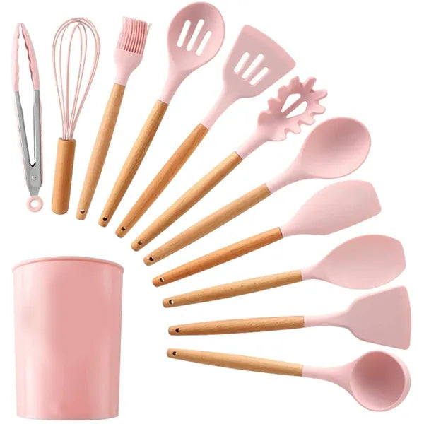 12 pcs Silicone Utensil Set With Wooden Handle