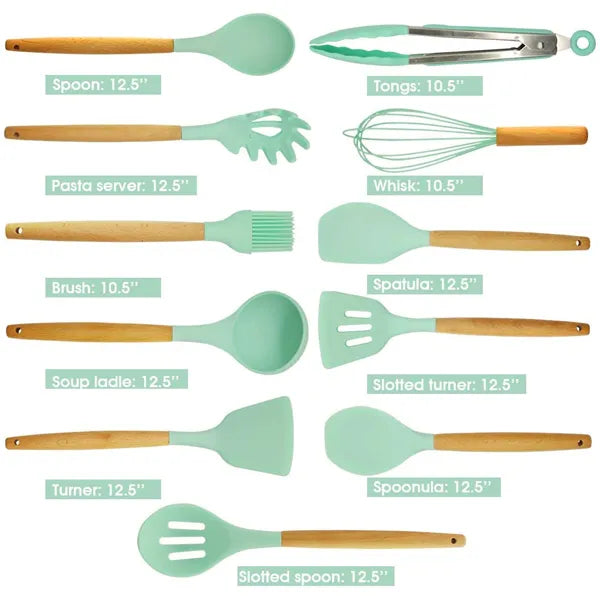 12 pcs Silicone Utensil Set With Wooden Handle