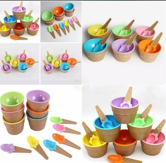 Kids Child Cute Cartoon Cone Ice Cream Bowl Spoon Set Plastic Dessert Tableware - Pink Sounds Beauty